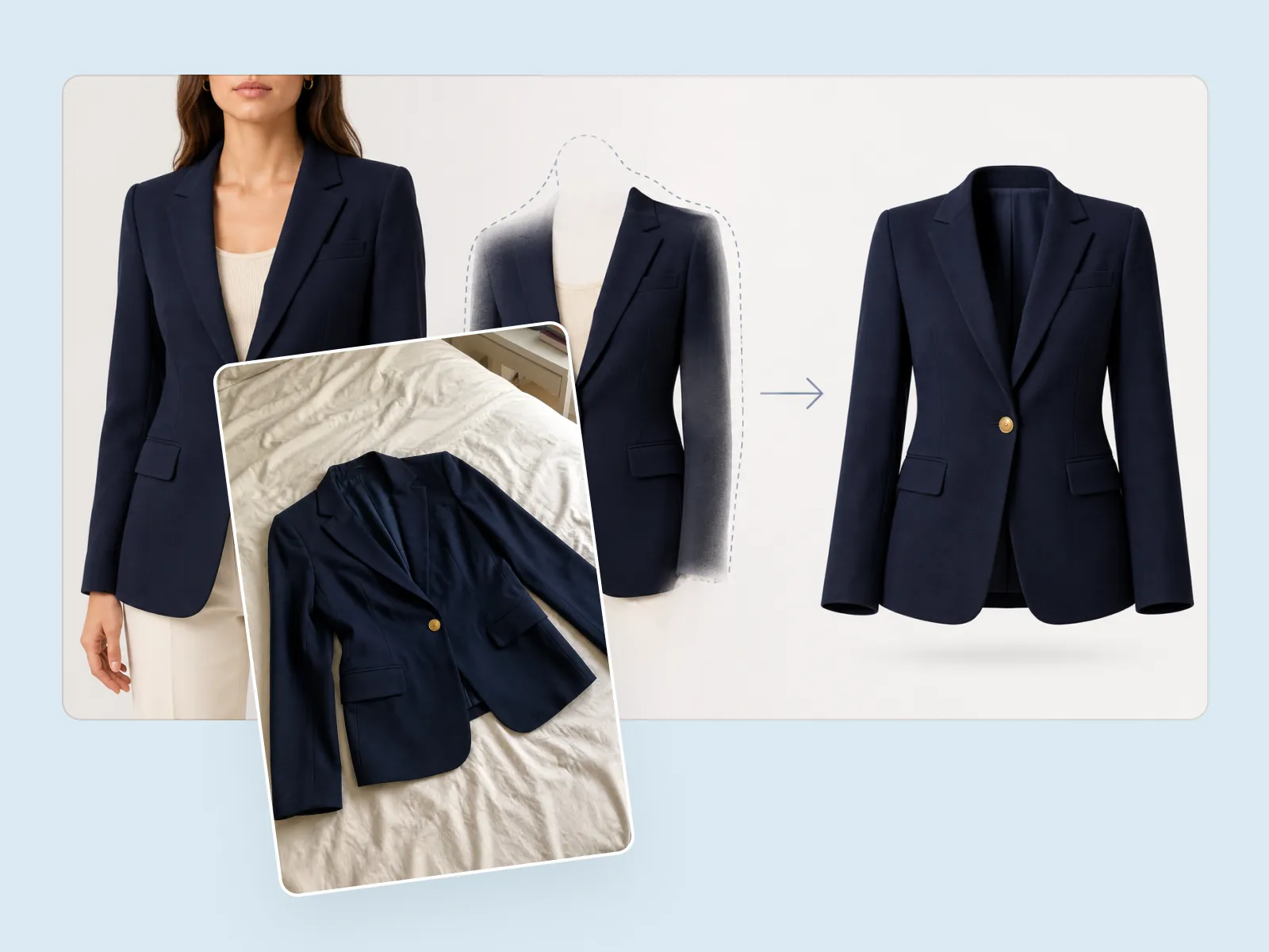 AI ghost mannequin turning an on-model navy blazer photo into a 3D invisible-mannequin apparel shot