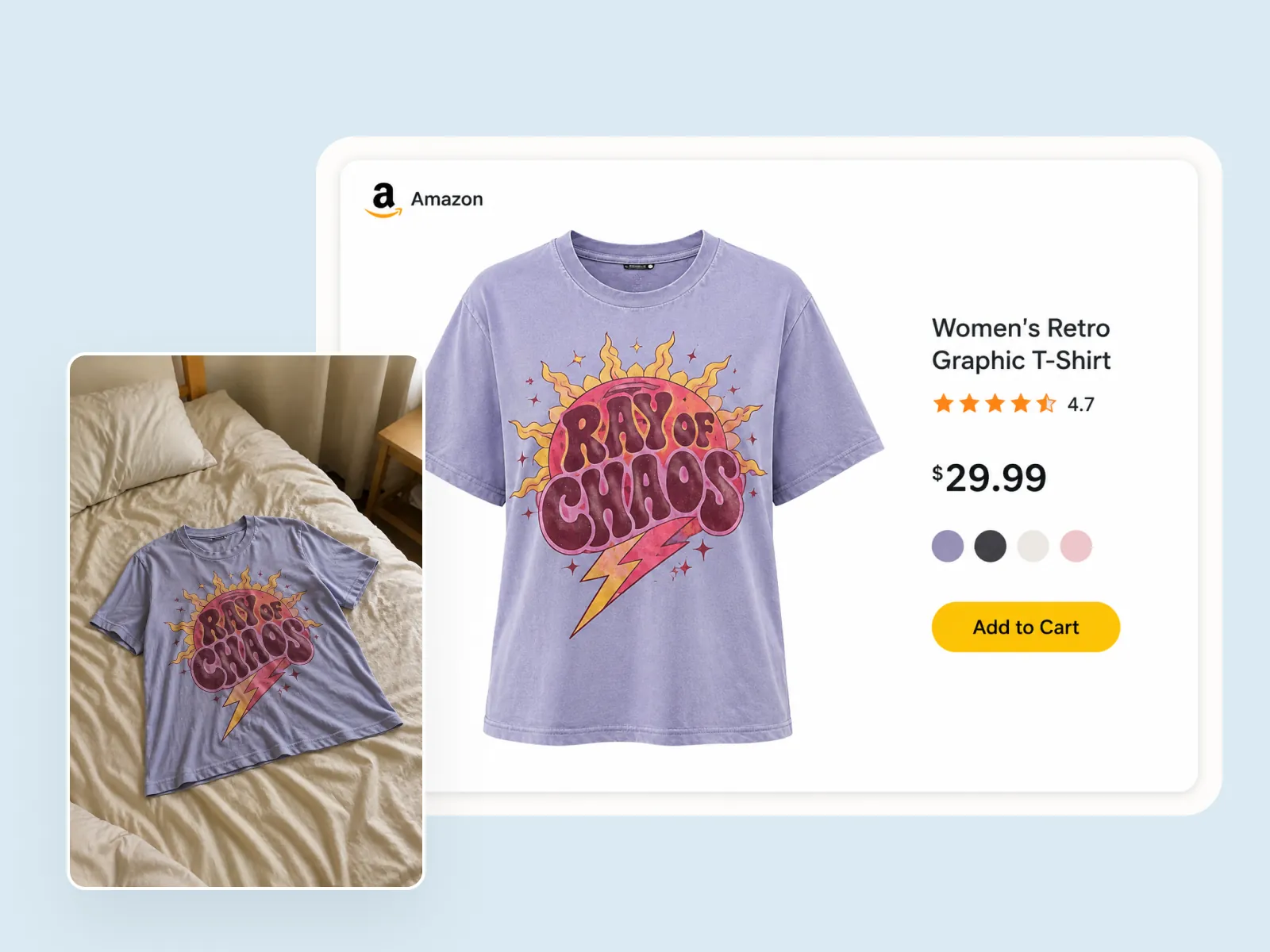 Ghost mannequin product photo of a graphic t-shirt as a listing-ready apparel shot for Amazon Shopping, Etsy, and Shopify