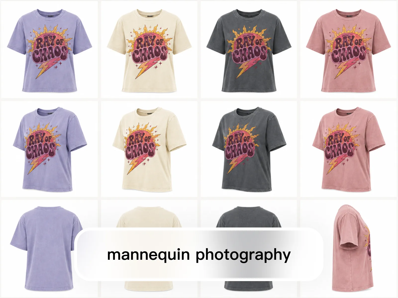Ghost mannequin photography grid showing one t-shirt in four colors and multiple camera angles