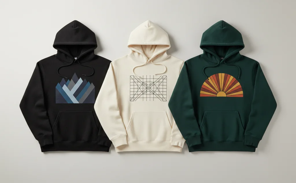 Three AI-generated hoodie designs printed on black, cream, and forest green hoodies — an abstract mountain landscape, a monoline geometric grid, and a retro sunburst