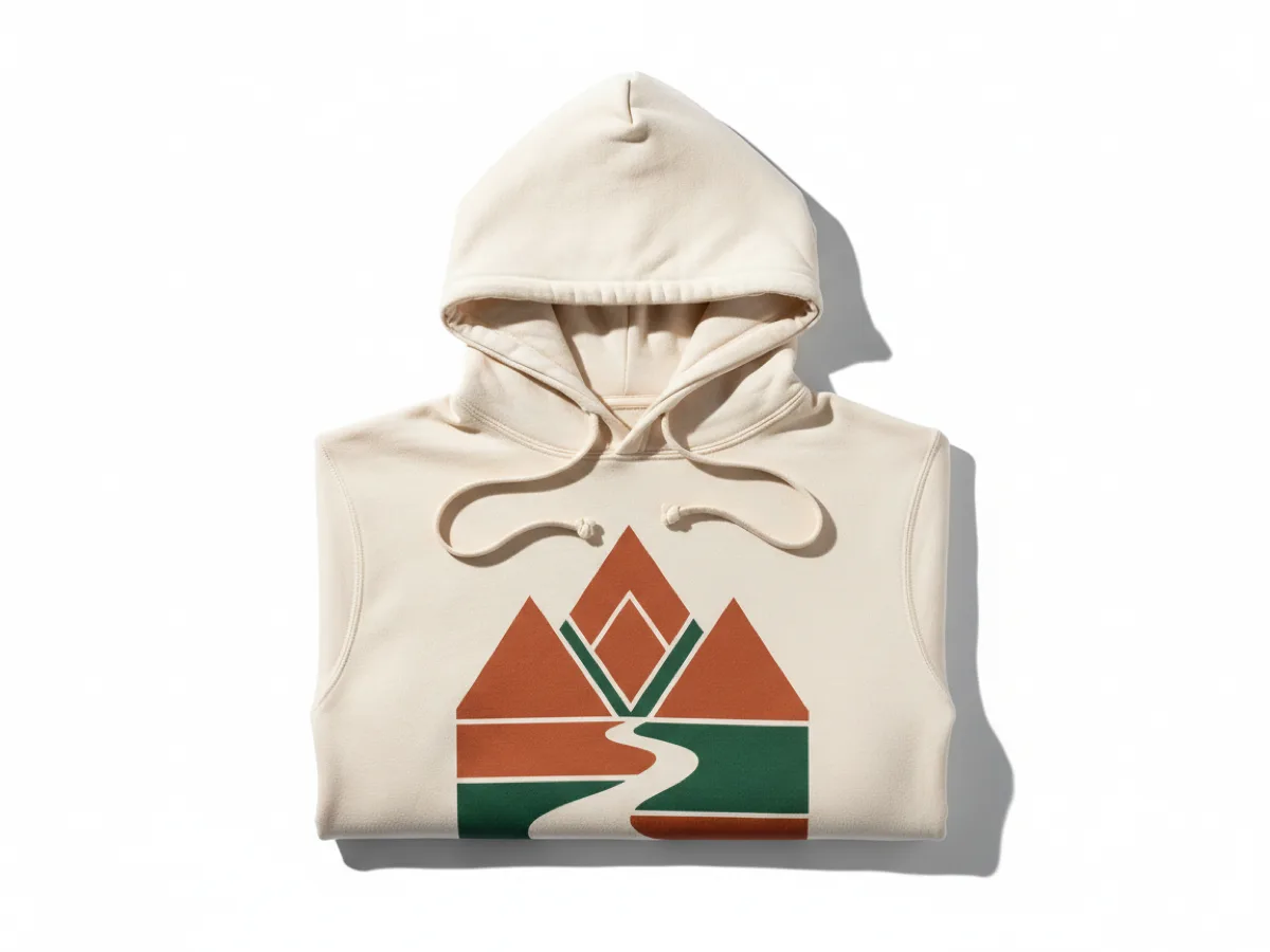 A cream pullover hoodie photographed flat, with a large AI-generated hoodie design printed across the chest