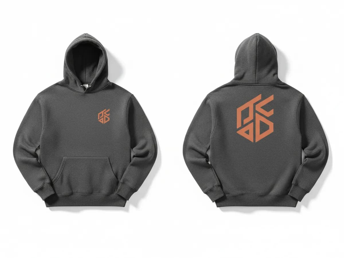 Two charcoal hoodies side by side — one showing a small chest print, the other the same graphic printed large across the back