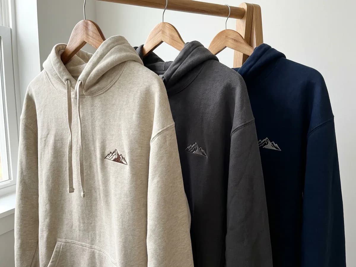 Three realistic hoodies on wooden hangers against a white wall in oatmeal, charcoal and navy, each with the same small embroidered-look mountain logo on the chest