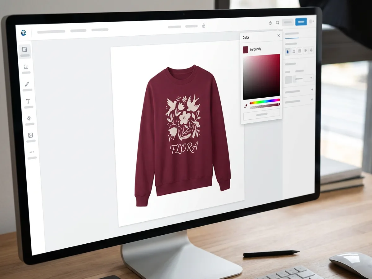 Close-up of a sweatshirt mockup on a design editor canvas with a color picker panel open, the sweatshirt shown in burgundy with the print unchanged