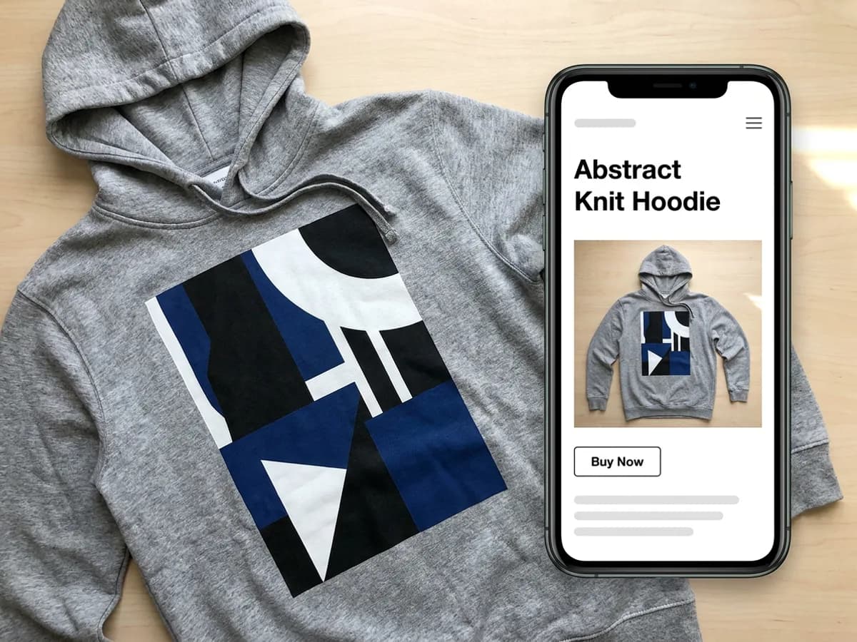 A flat lay of a gray hoodie with a bold abstract print next to a phone showing an online shop listing that uses the same hoodie image