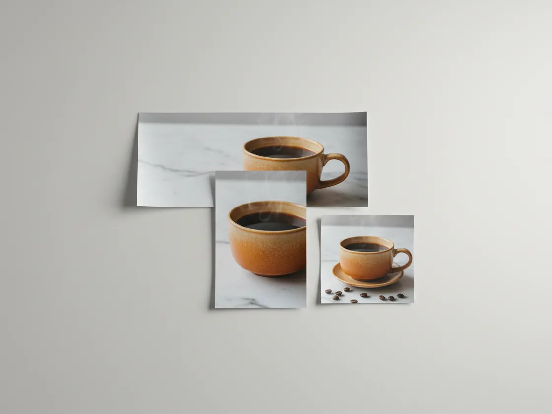 One photo of a coffee cup output as three prints of different shapes — panoramic, vertical, and square.