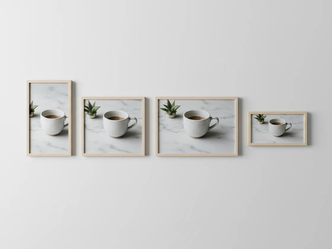 The same coffee-cup photo printed at four different shapes — vertical, square, horizontal, and a wide strip.