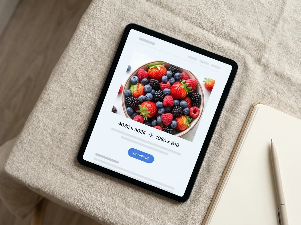 タブレットに、4032 × 3024 から 1080 × 810 ピクセルにリサイズされたベリーの写真がダウンロード待ちで表示されている様子