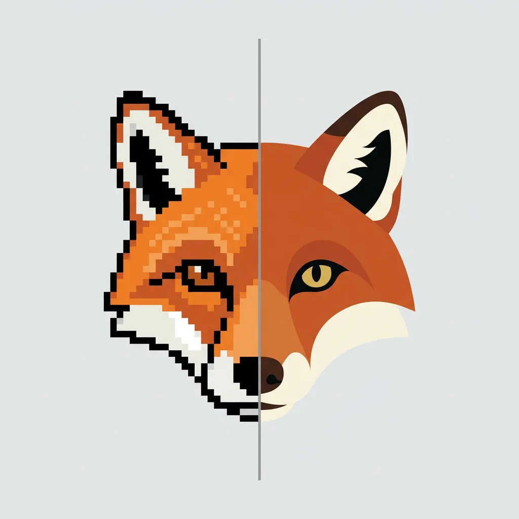 A red fox head illustration split down the middle, the left half pixelated with jagged raster edges and the right half a crisp flat vector with smooth curves and five flat colors, on a light gray background