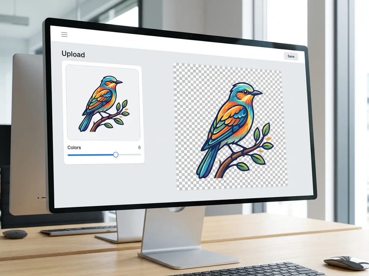 A design tool on a monitor with a colorful bird illustration in the upload area, a Colors slider set to 6, and the vectorized SVG result on a gray-and-white transparency checkerboard