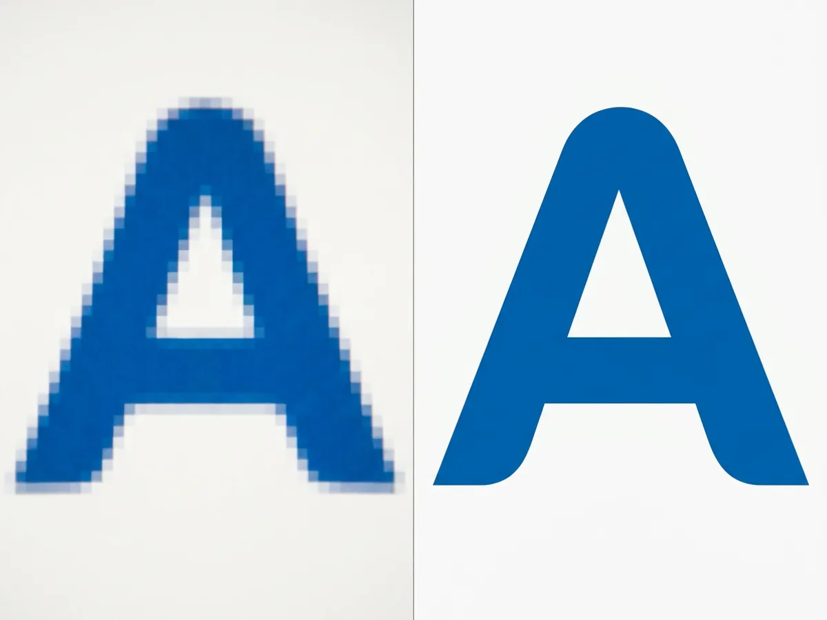 Extreme close-up of a blue letter A, blurry pixels on the left and a perfectly sharp, smooth vector edge on the right, side by side on white
