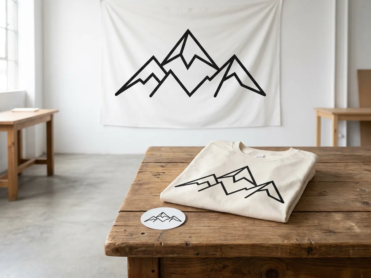 The same vector mountain logo printed at three sizes, a small sticker, a t-shirt print and a large wall banner, all crisp and arranged in a bright studio