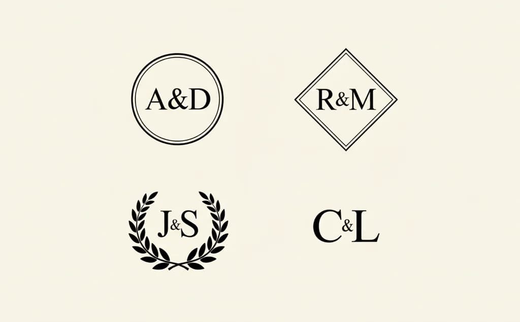 Four monogram styles made from interlocking serif initials — one in a circular frame, one in a diamond frame, one with laurel flourishes, and one minimal