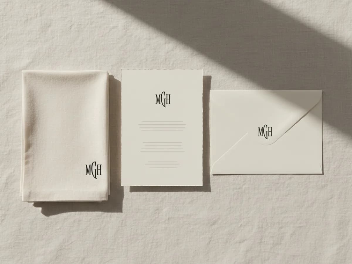 A cream wedding invitation, envelope, and napkin on linen, each carrying the same elegant black monogram