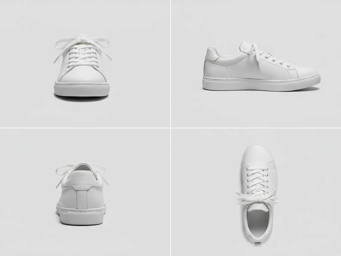 One white sneaker shown from four viewpoints — front, side, rear, and top down — in a 2x2 grid.