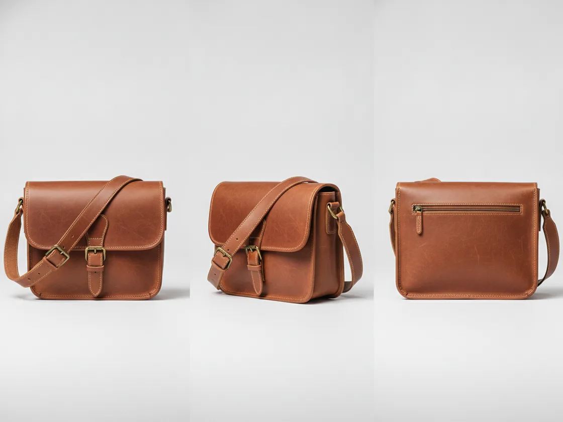 A brown leather bag shown from three angles in a row — front, three-quarter, and back.