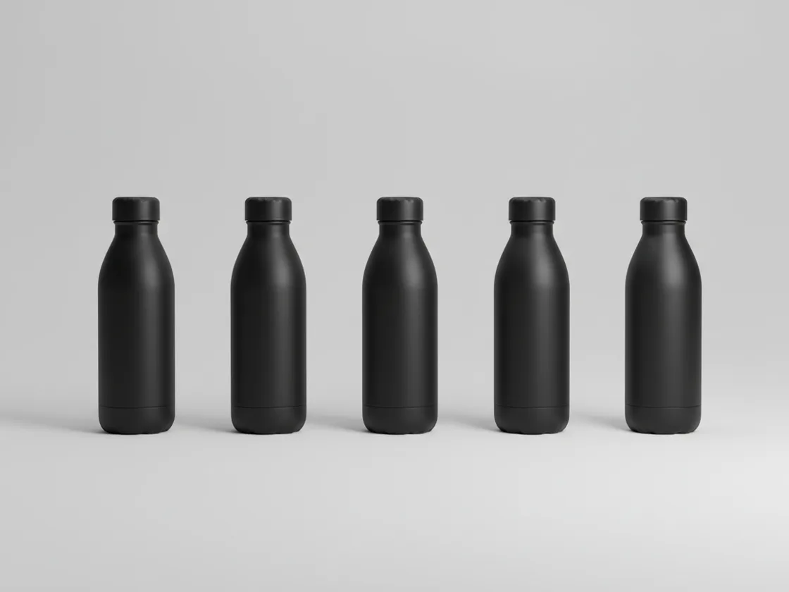 A black water bottle in a row of five progressive rotations from front-facing to side-facing.