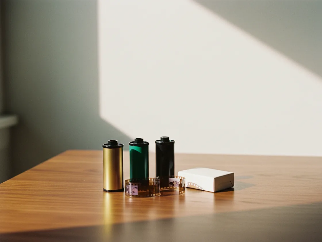 Unlabeled 35mm film canisters, a curl of negative, and an instant-film pack on a wooden table, shot in warm saturated film color with visible grain.