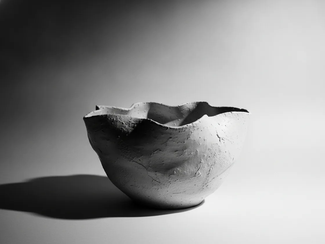 A sculptural ceramic bowl in high-contrast black and white with strong directional light.