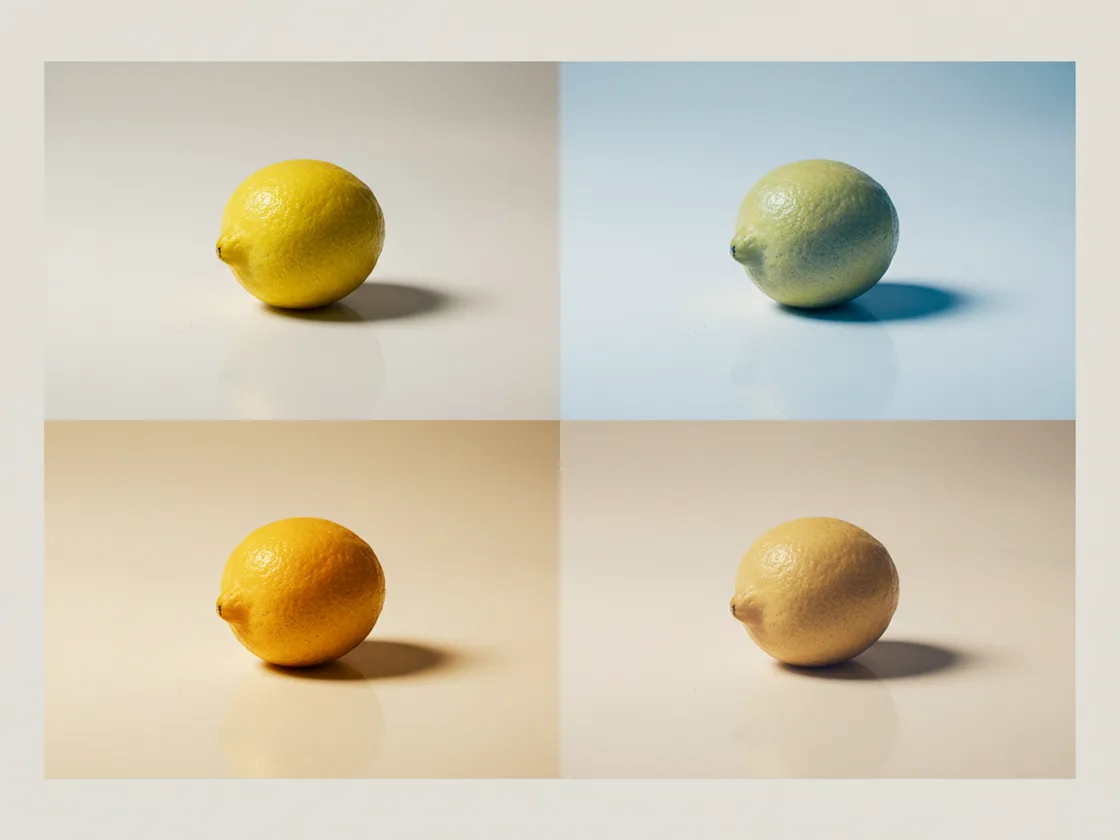 The same lemon shown four times in a grid, each with a different color treatment applied.