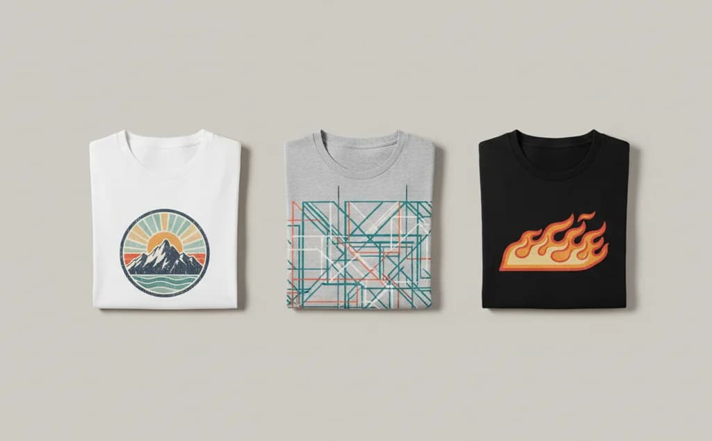 Three AI-generated t-shirt designs printed on white, heather gray, and black folded tees — a vintage mountain badge, an abstract geometric pattern, and a retro flame graphic