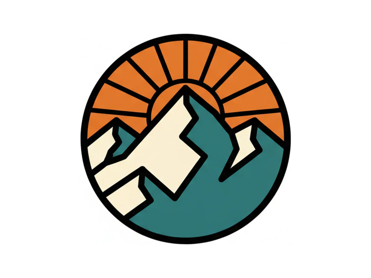 An AI-generated t-shirt graphic on a plain background — a retro mountain-and-sunrise badge in burnt orange, teal, and cream