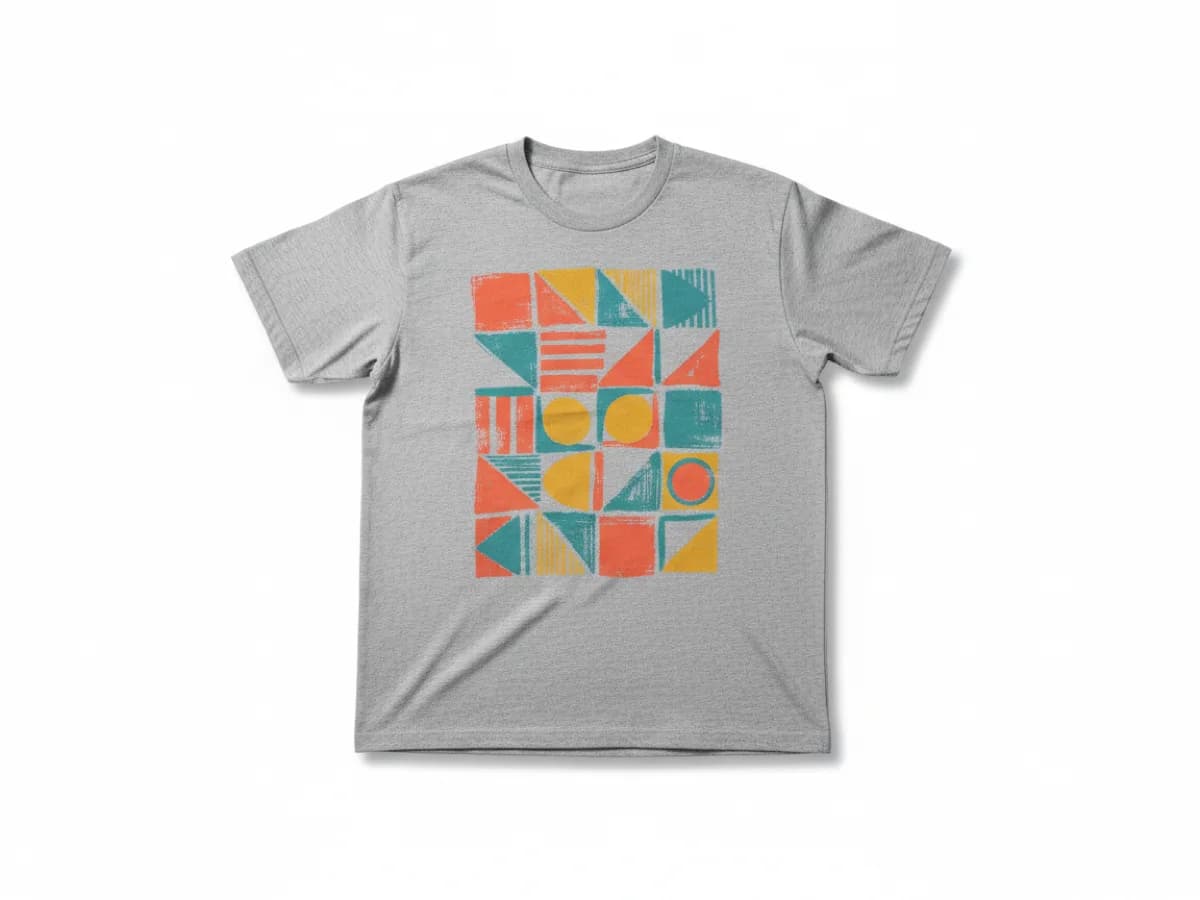 A heather gray t-shirt with a colorful geometric AI-generated design printed across the chest