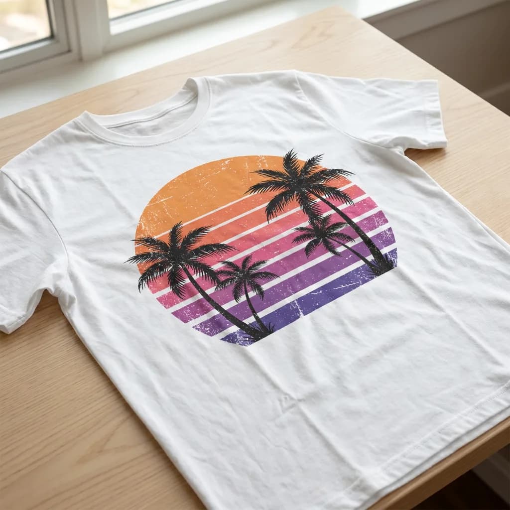 A realistic white t-shirt mockup photo on a light background with a colorful retro sunset-and-palm graphic printed on the chest and natural fabric folds visible through the print