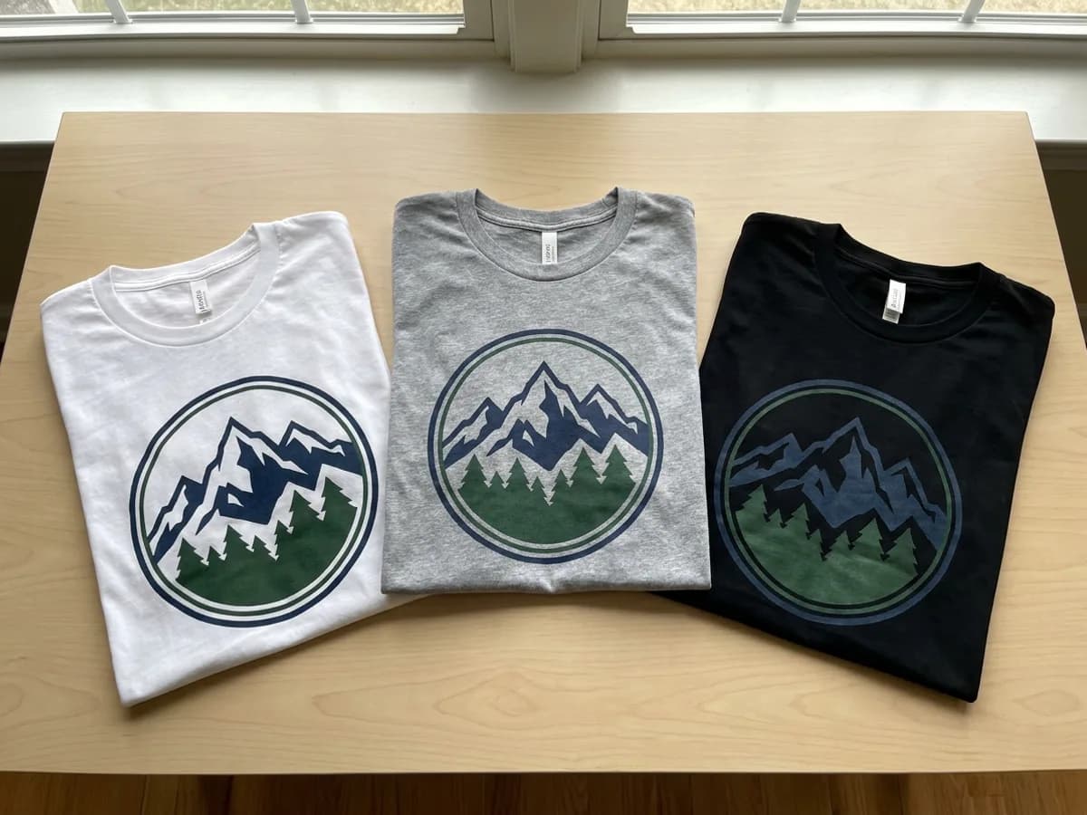 Three real t-shirts side by side in white, heather gray and black, each with the same mountain badge graphic on the chest and fabric wrinkles visible through the print