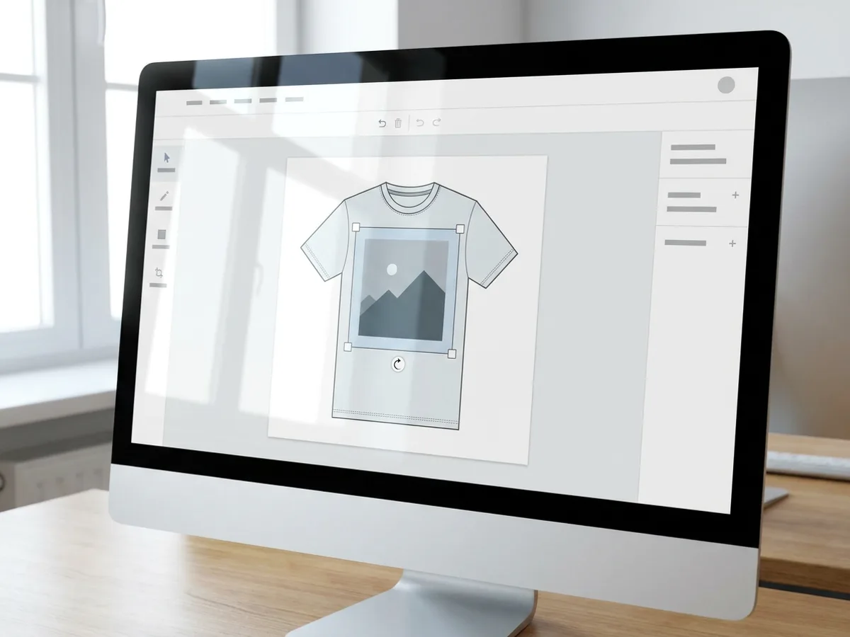 Close-up of a design editor on a monitor showing a t-shirt mockup with the print area selected, corner resize handles and a rotate handle on the graphic