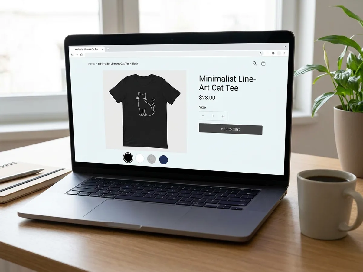 A laptop on a desk showing an online store product page with a mockup of a black tee printed with a minimalist line-art cat, color swatches below