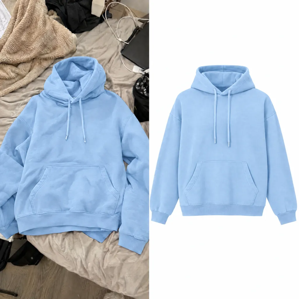 A blue hoodie photographed on an unmade bed beside the same hoodie reshot as a clean packshot on pure white