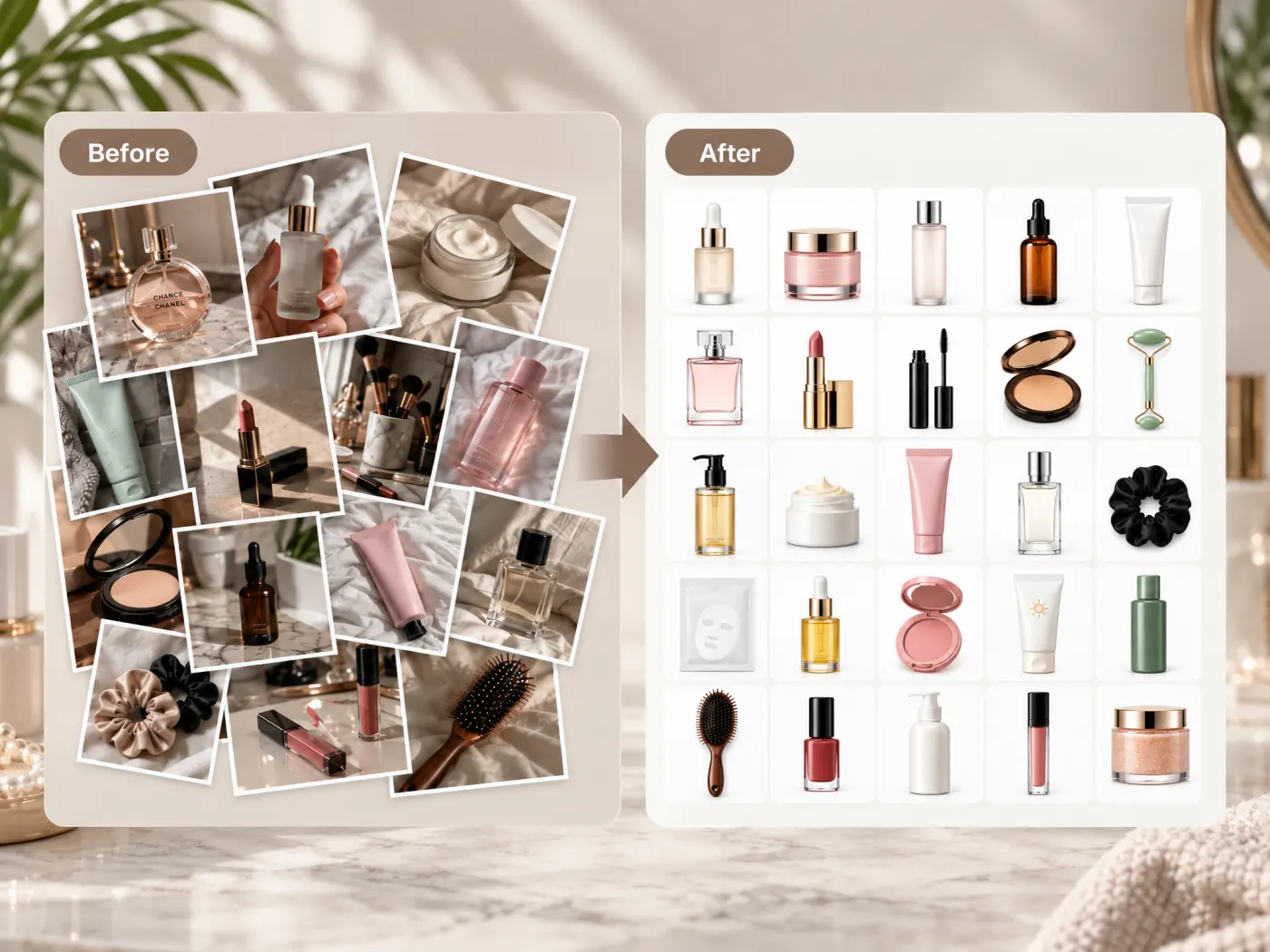 A scattered pile of casual phone photos of beauty products beside a tidy grid of the same products reshot on pure white.