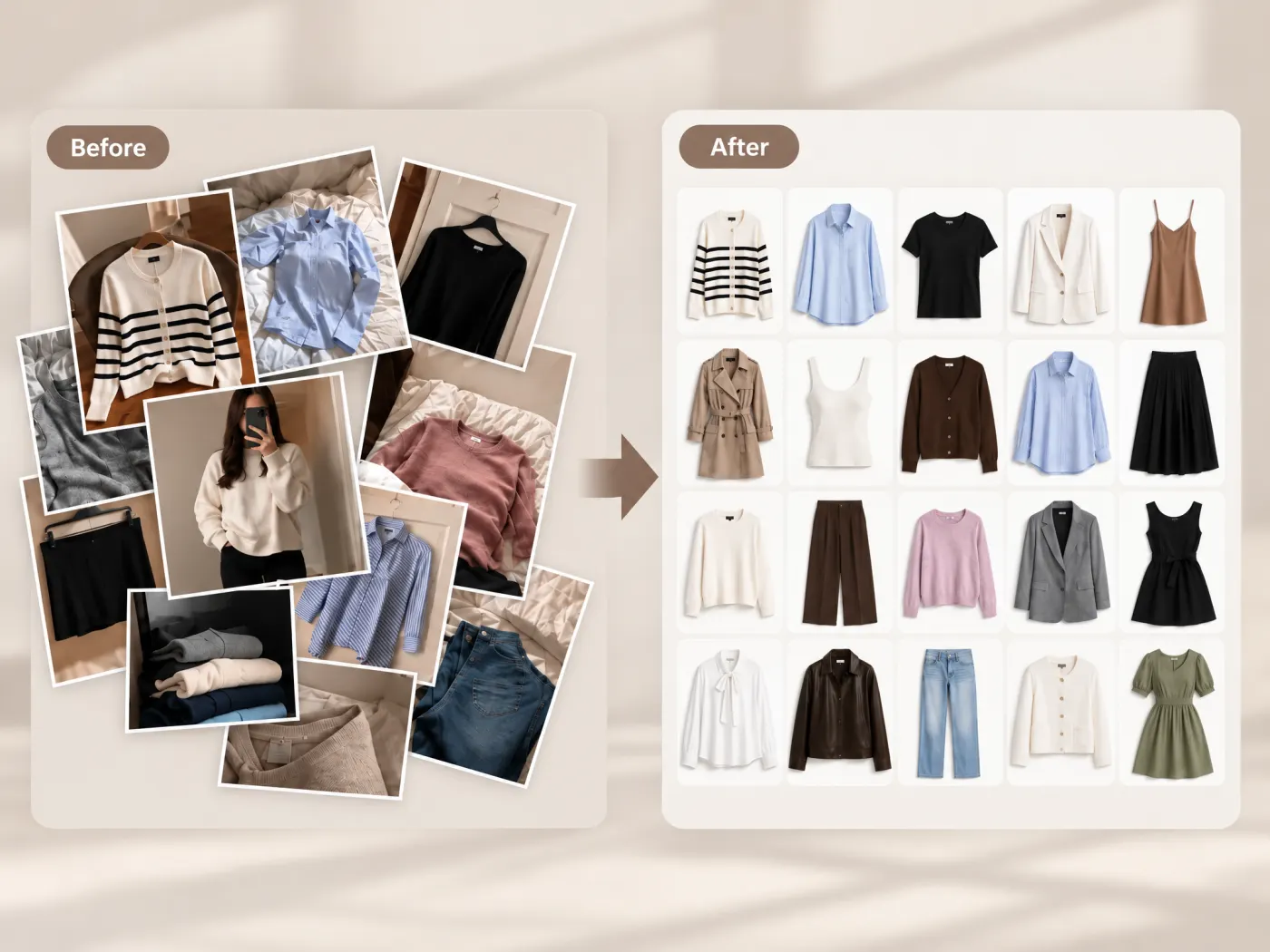 Mixed apparel snapshots on beds and hangers next to the same garments as consistent white-background catalog shots.