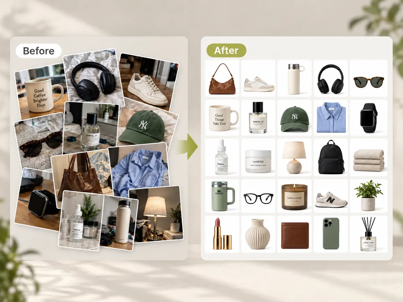 Casual photos of a mug, headphones, a cap and sunglasses beside the same items isolated as clean white-background product shots.