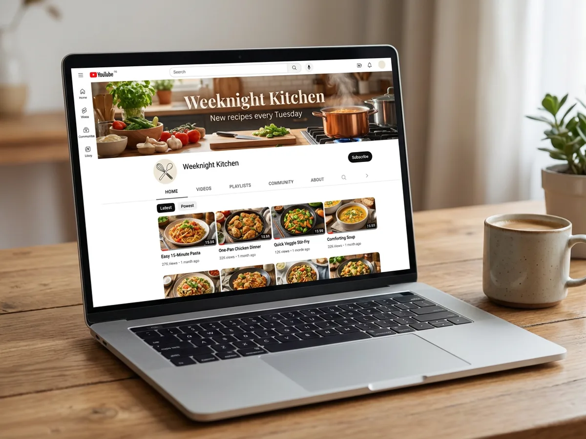 A laptop on a desk showing a YouTube-style channel page with a wide banner for a cooking channel: a warm kitchen photo, the channel name Weeknight Kitchen and the line New recipes every Tuesday