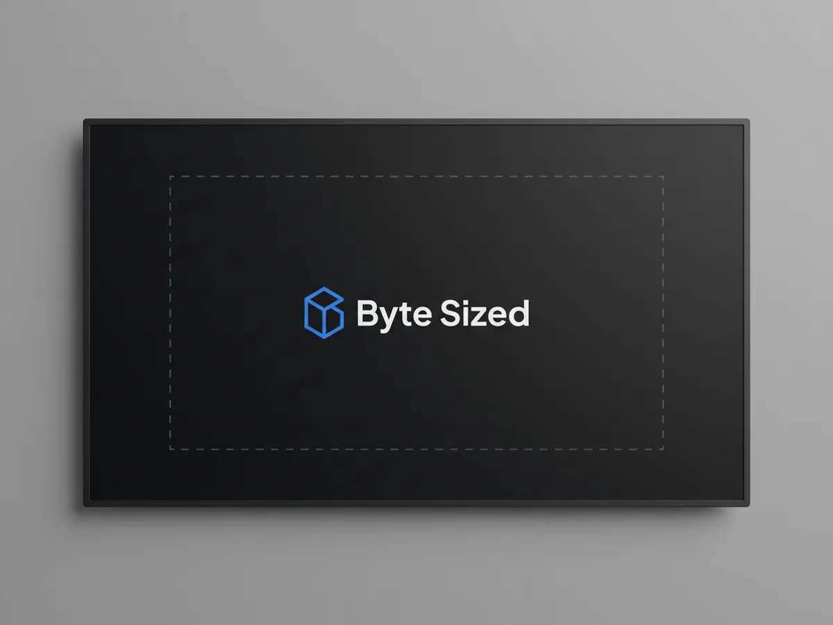 A wide 16:9 banner for a tech review channel on a gray background, with a dashed rectangle marking the central safe area and the channel name Byte Sized and logo centered inside it