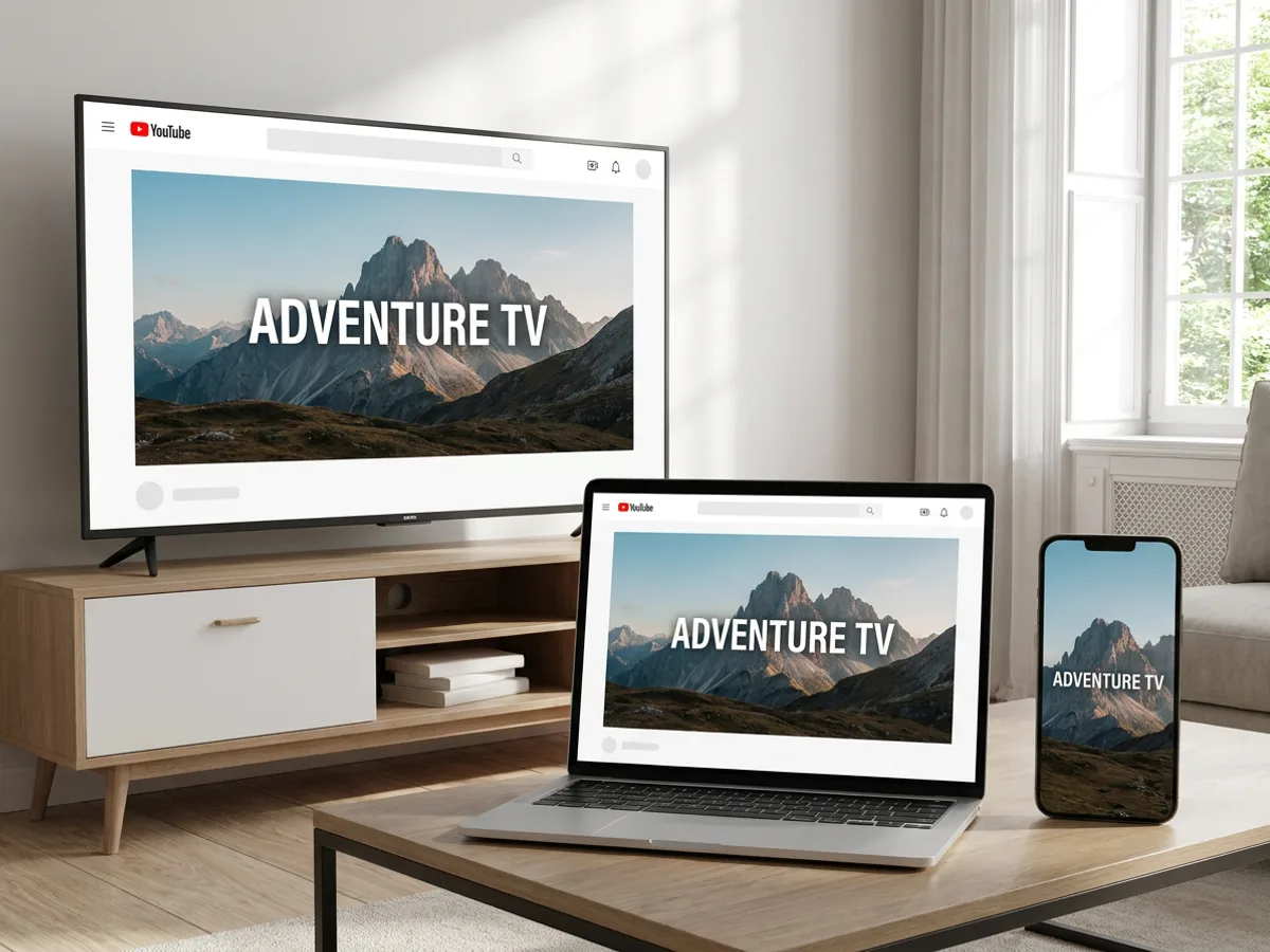 The same channel banner on a TV, a laptop and a smartphone side by side in a living room, each showing a different crop while the centered channel name stays visible