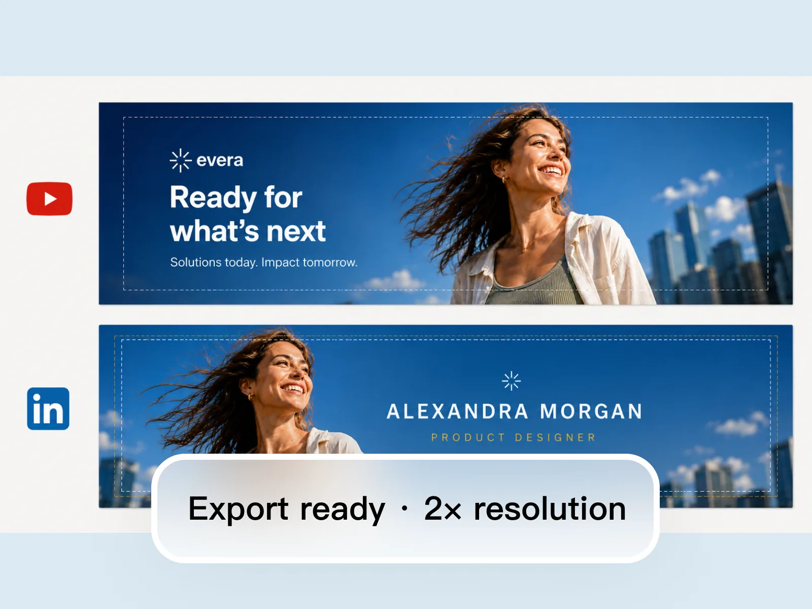 Edit Elements placing channel name, professional title, and tagline on YouTube banner and LinkedIn header — each in the correct platform safe zone.