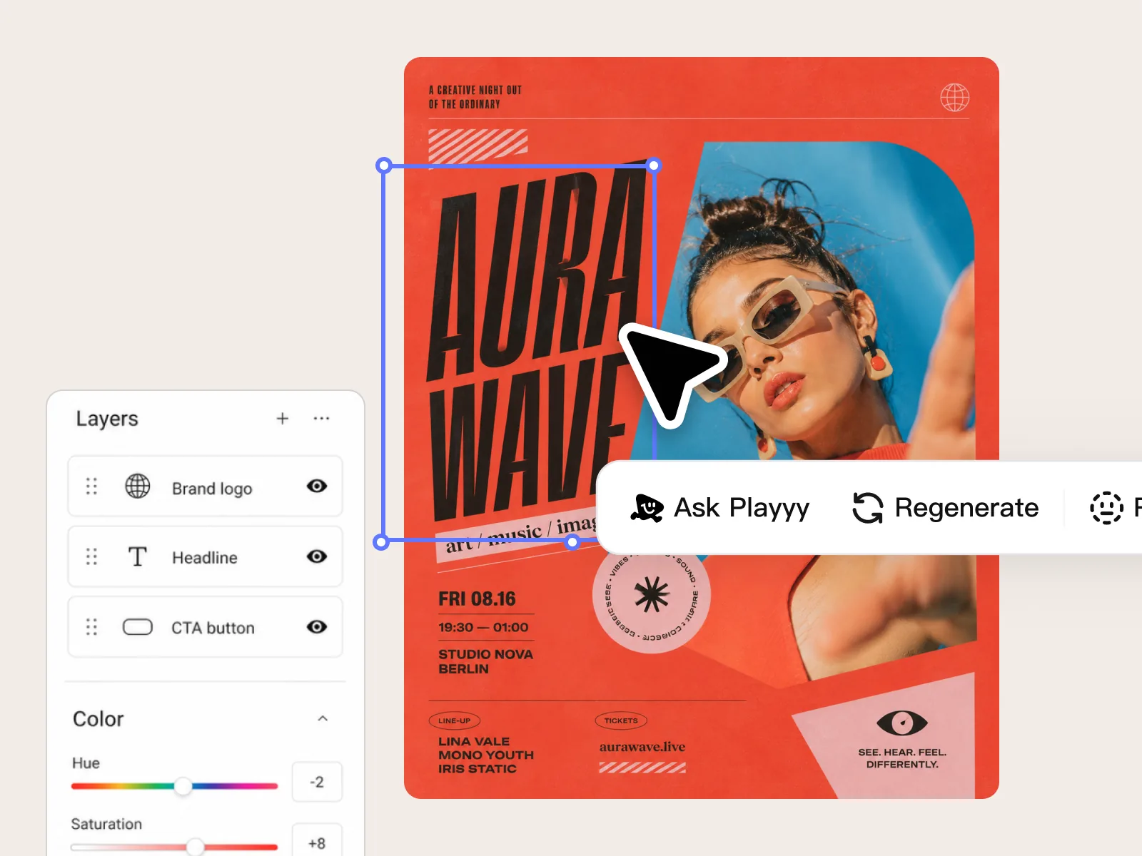 Design elements repositioned and refined — copy, brand colors, and layout adjusted without rebuilding from scratch.