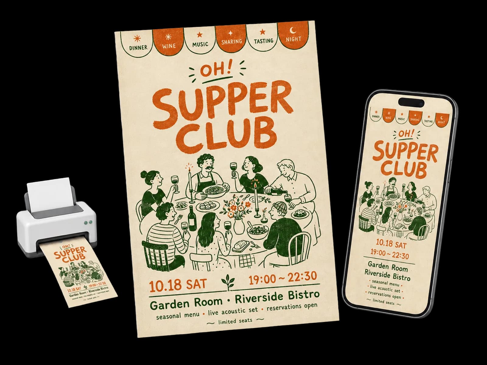Event poster and digital invitation created with AI image generation — scene-specific visual with event details composed on top.