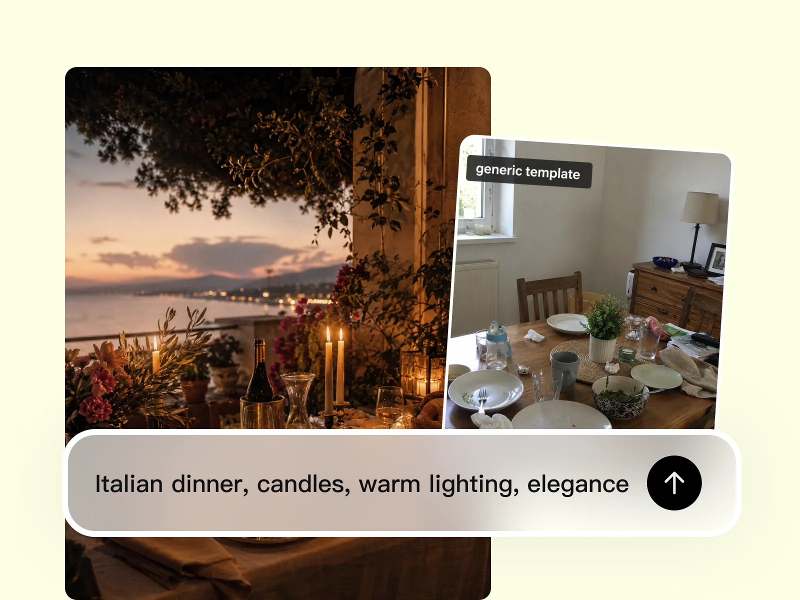 AI image generator creating a scene-specific event visual — warm lighting for a dinner soirée, not a generic stock image.