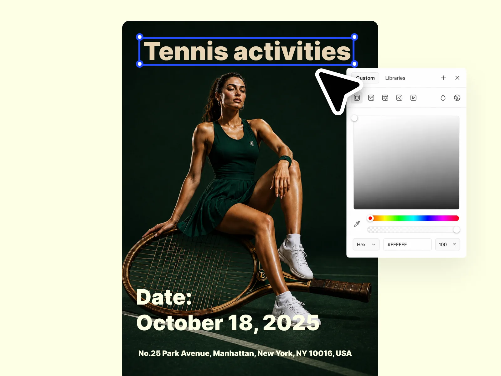 Edit Elements composing event name, date, location, and contact details onto the event poster design.