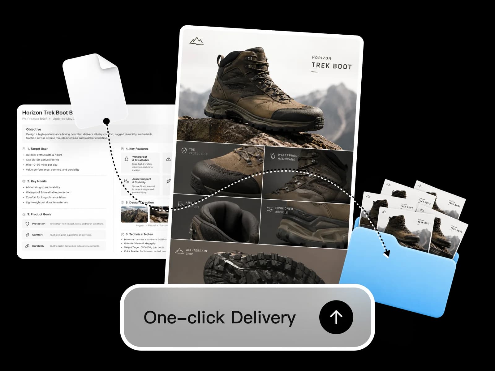 Freelancer design workflow — AI-generated concept, edited source image, and multi-format export produced in one session.