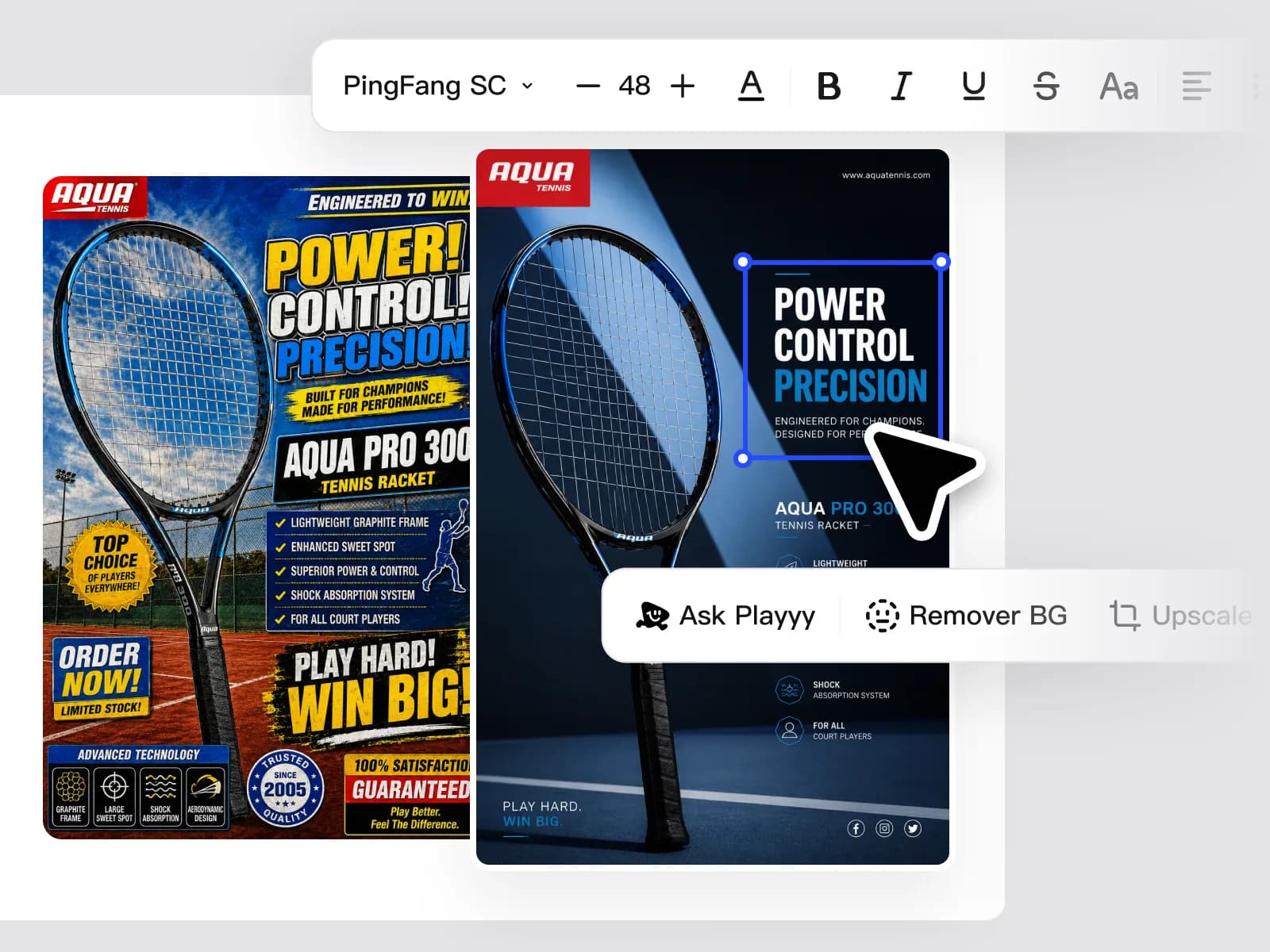 Freelancer editing client-provided source image — removing watermark, replacing background, placing copy and brand elements.