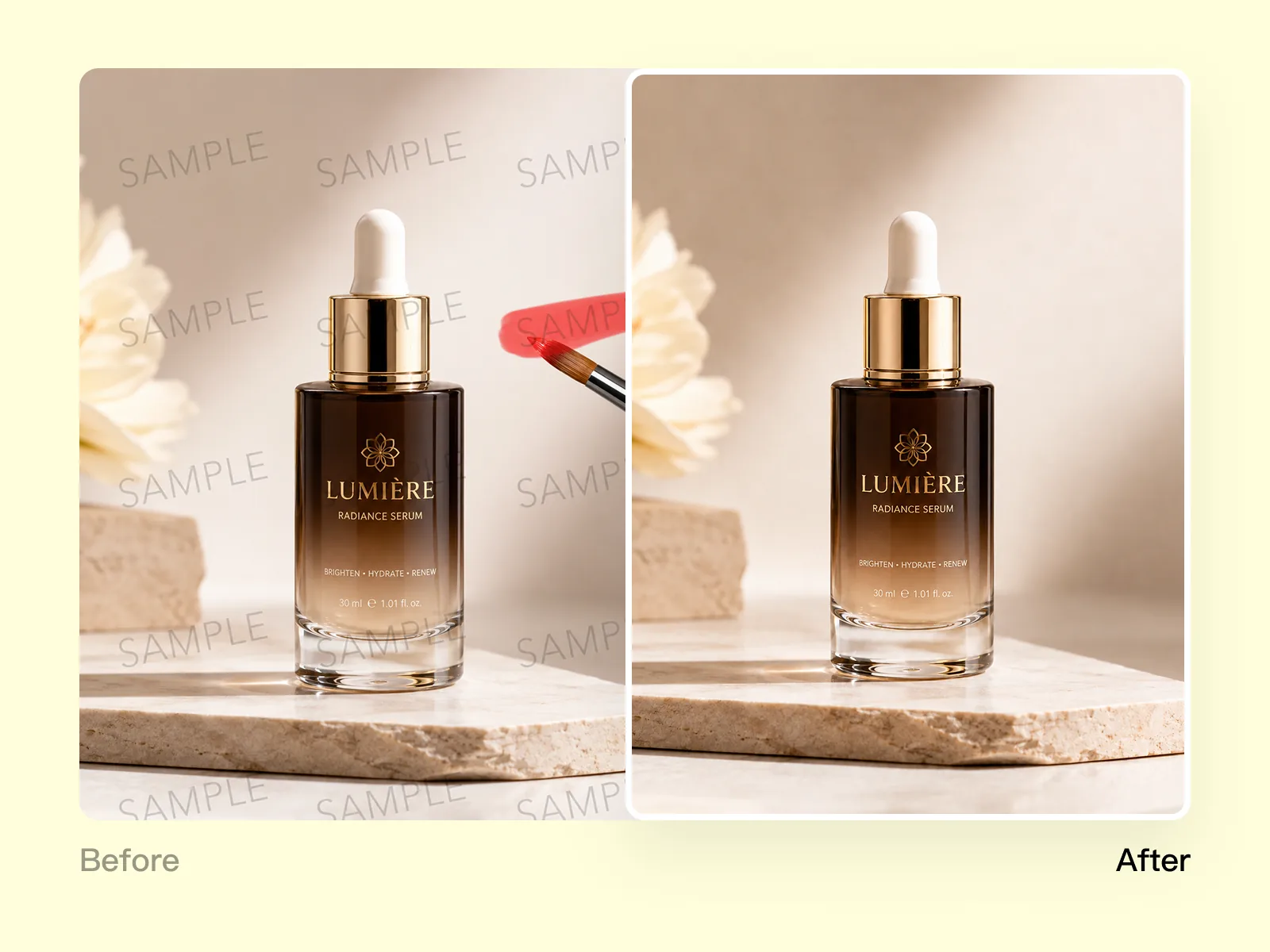 AI watermark remover selecting and removing a text overlay from a sourced marketing photo — background reconstructed naturally with no visible seam.