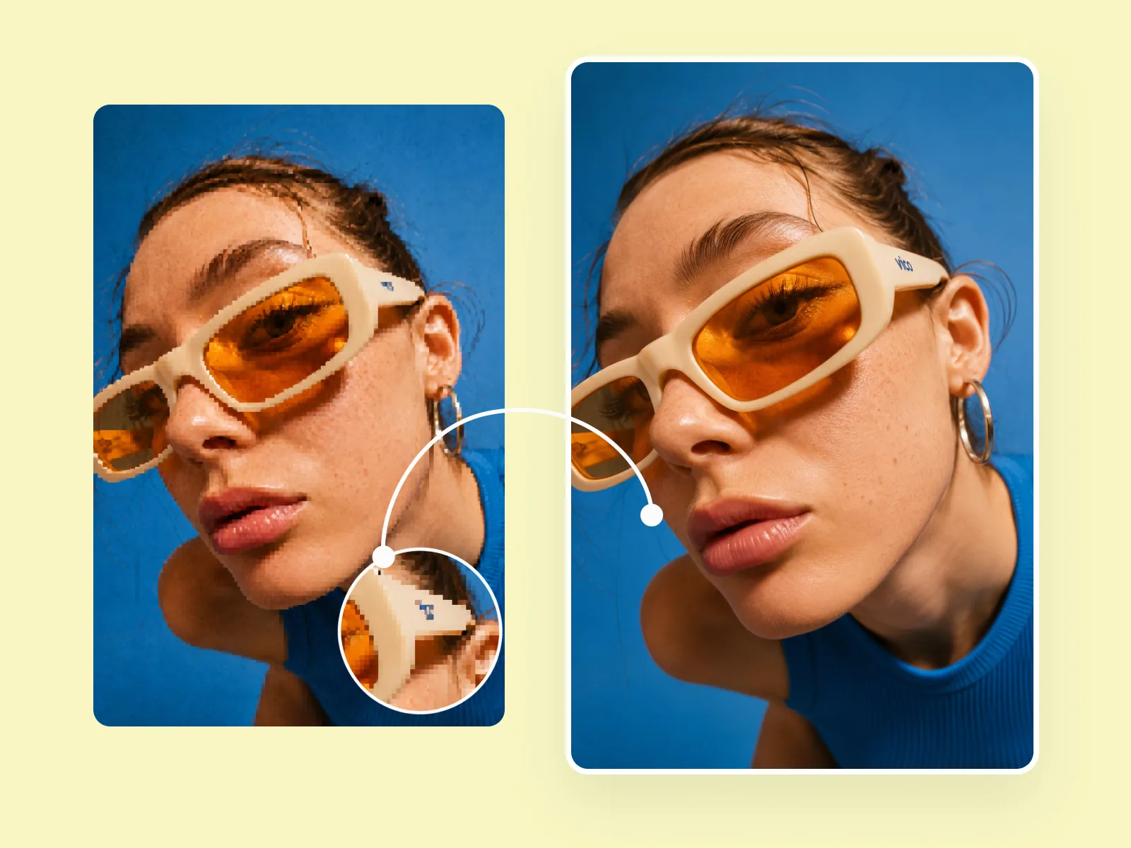 Visual Enhancer restoring sharpness and edge detail in a blurry, compressed marketing photo — before and after at 100% zoom.