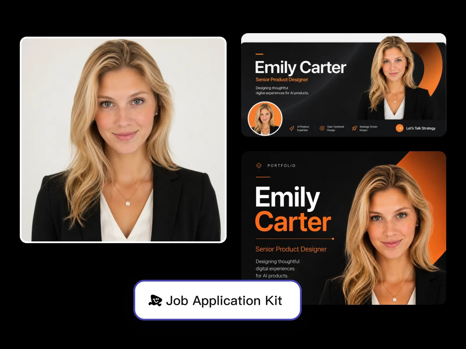 Professional headshot, LinkedIn banner, and portfolio cover created with AI for a job application — no photographer required.