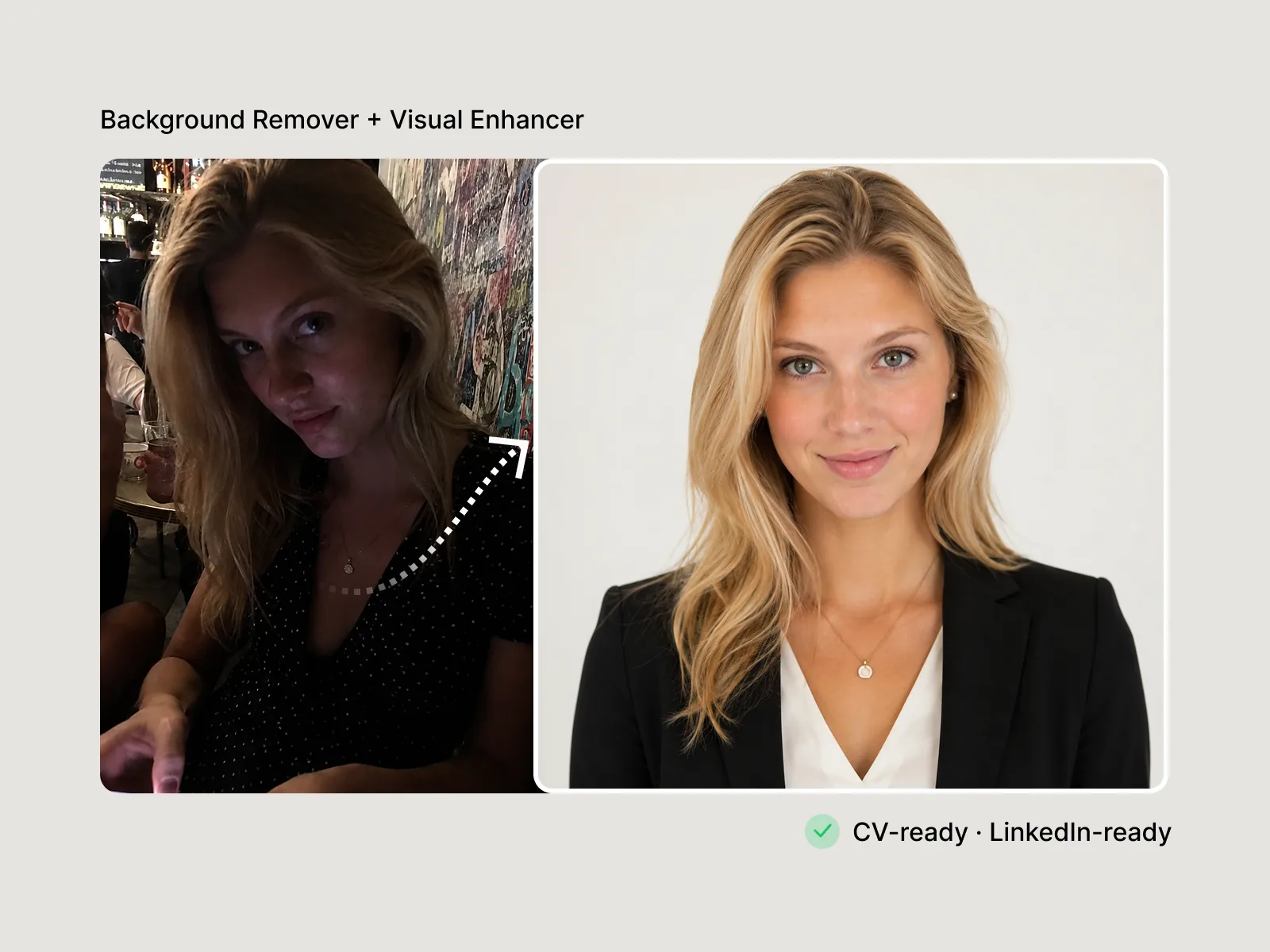 Background Remover isolating a subject from a casual photo and replacing it with a clean professional background for a resume or CV headshot.