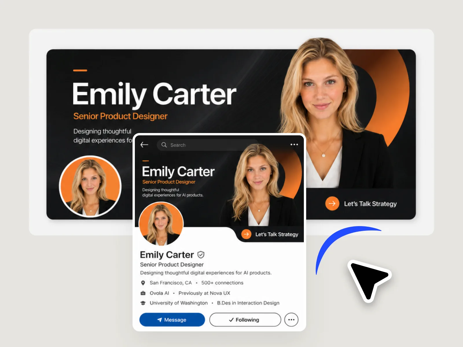 Edit Elements placing job seeker's name, role, and tagline on a LinkedIn banner at 1584×396px — ready to upload without a designer.